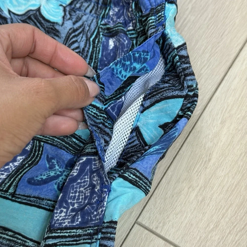 VTG GZood Swim Trunks M Fish Print Blue Teal Nylon‎ Lined Drawstring Shorts Y2K
